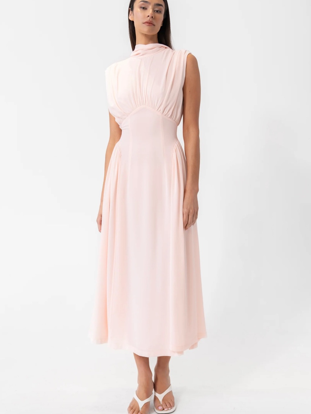 Chiffon Blush Midi Dress with Draped High Neck